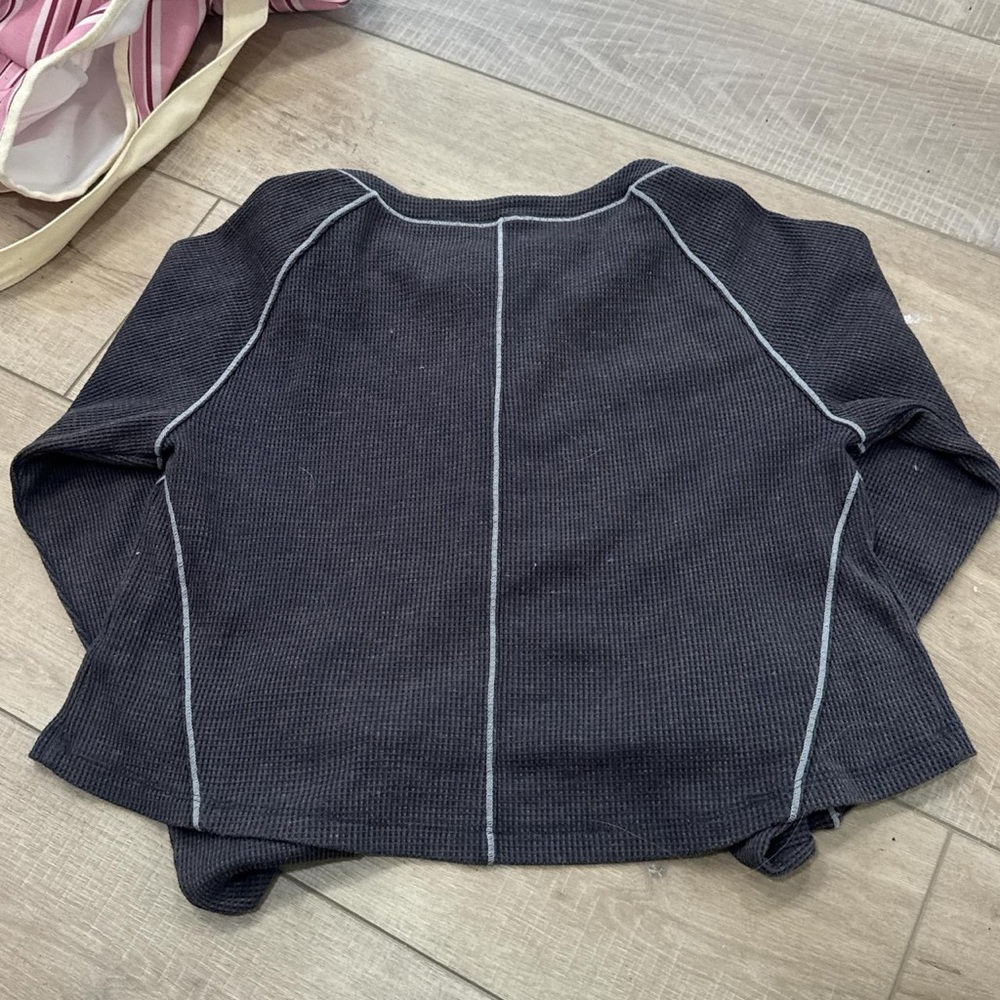 Free People Black Cropped Waffle Henley with Gray Trim - Picture 2 of 2